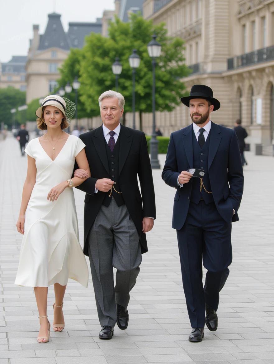 Outdoor scene featuring a woman in a cream-colored bias-cut dress and a cloche hat walking alongside two men. One man wears an Oxford bags suit and checks a pocket watch. The other man reads a French newspaper. The setting has vintage elegance related to 1920s Paris.