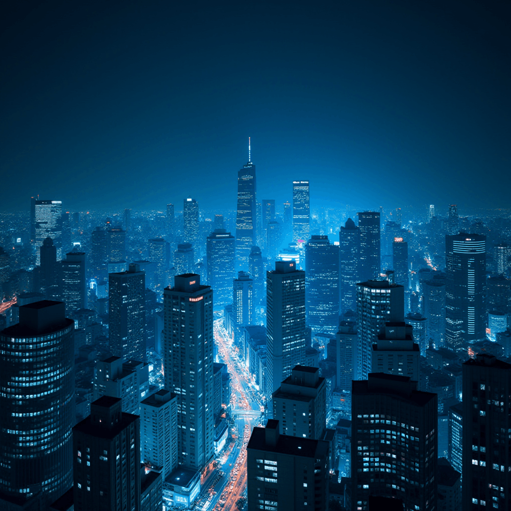 A bustling metropolis illuminated by the blue glow of city lights against a dark night sky.