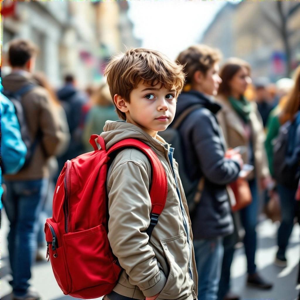A young boy with a red backpack stands among a crowd of people in an urban setting.