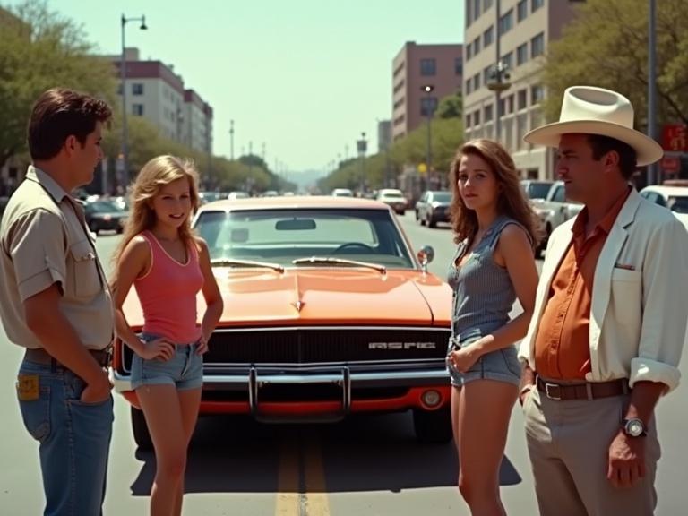Vibrant scene capturing characters reminiscent of a classic American adventure TV show. A vintage orange Dodge Charger is parked in the street. Characters engage in animated conversation, surrounded by city landscape. Bright sunny day enhances the colorful setting with iconic mountain backdrop. Retro attire reflects 70s and 80s style. Energy of classic comedy and rural adventure presented visually.
