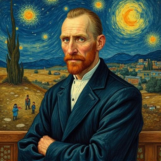 Artwork inspired by Van Gogh featuring a prominent male figure dressed in dark attire with a vibrant background of swirling stars and fields. The setting suggests a rural landscape with hints of village life
