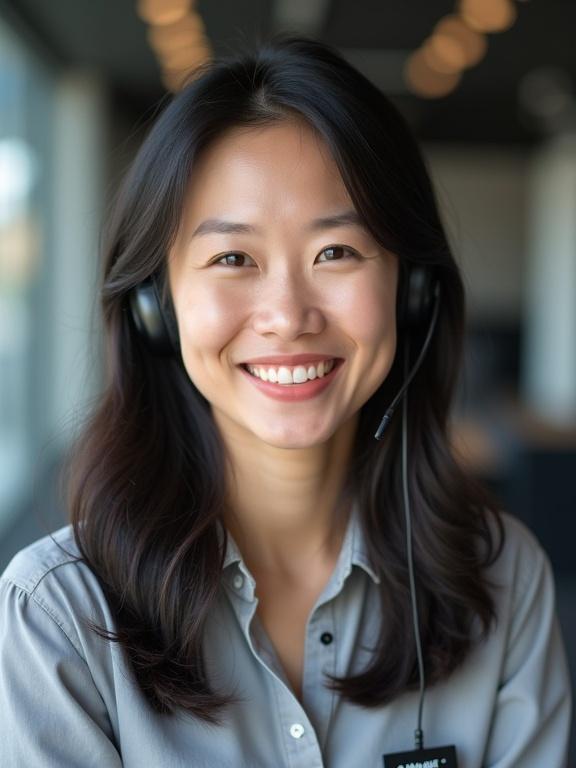 High-resolution studio portrait of a 29-year-old Chinese-Canadian female Customer Success Manager. Friendly and solution-focused appearance. Wearing business-casual attire with subtle headset. Lips closed with a gentle smile. Mid-torso up framing. Soft office background with strong contrast. Small nameplate text in English and Mandarin indicating position.