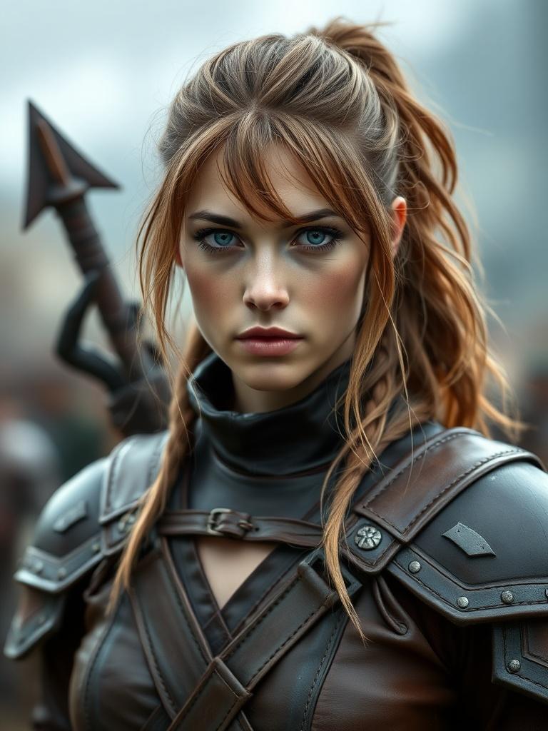 A fierce female warrior with intense blue eyes wearing intricate leather armor. Her hair is tied back in a ponytail, and she stands focused, exuding confidence and strength.