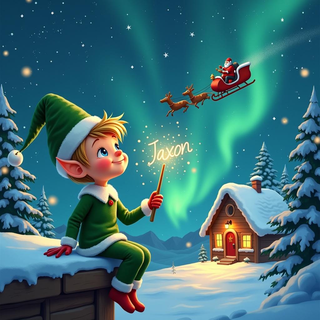 A whimsical elf on a snowy ledge gazes at the night sky. The sky features stars and northern lights. The elf holds a wand, writing the name Jaxon. A cozy cabin glows in the background. Santa and his sleigh are in the sky. A magical Christmas scene is showcased.