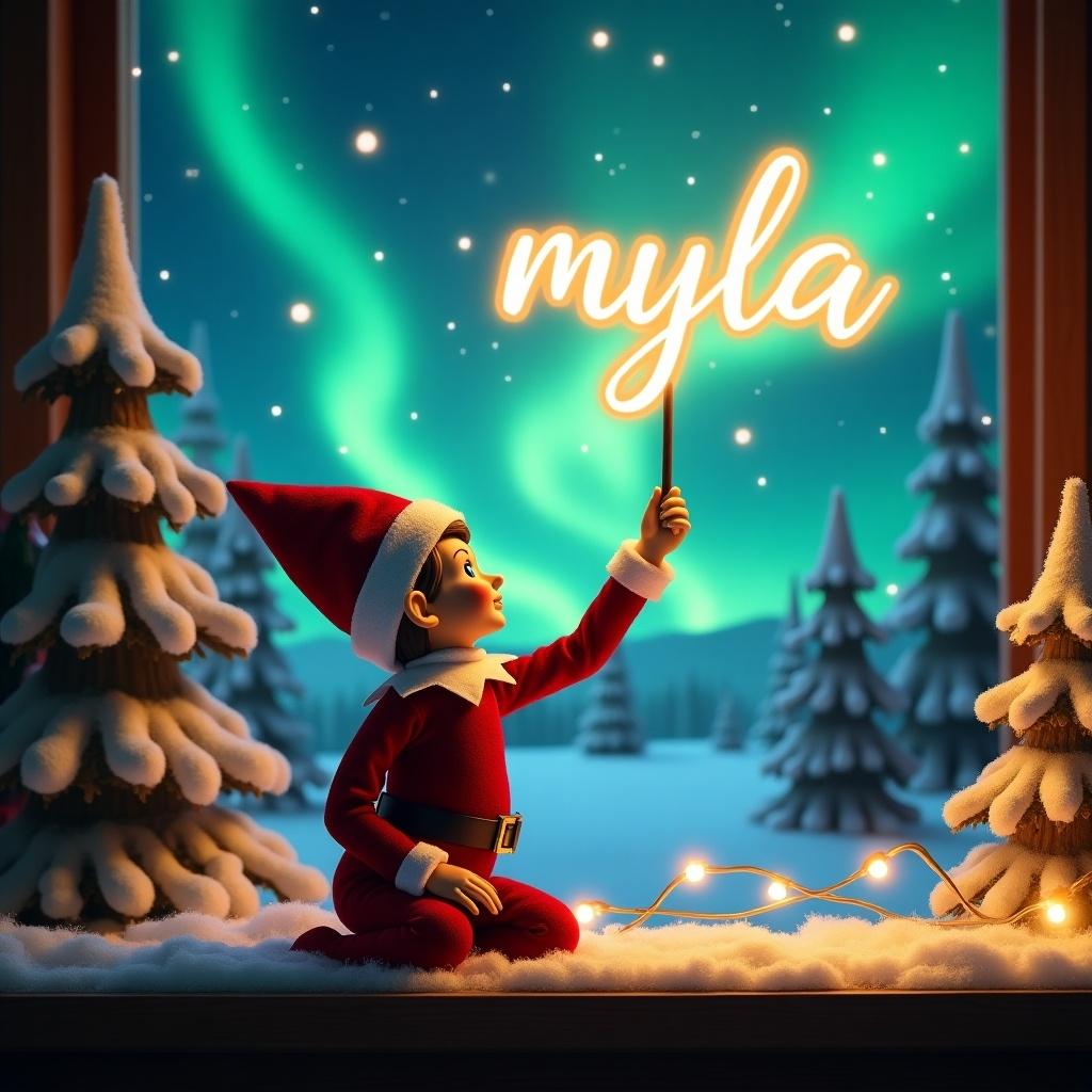 Enchanting Christmas scene with playful elf on the shelf. Elf dressed in red and white faces sky, holding a magic wand. Glowing word 'myla' above. Background with stunning northern lights and snow-covered trees. Twinkling lights add festive atmosphere.