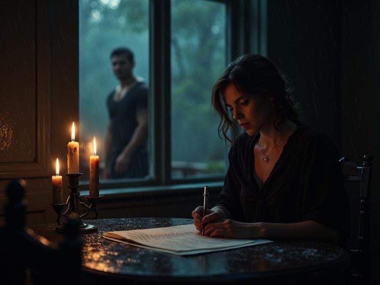 A gothic mansion at dusk with flickering candles. A lone woman writes at her desk while a muscular male figure watches from a dark corridor. The scene is moody and full of tension.