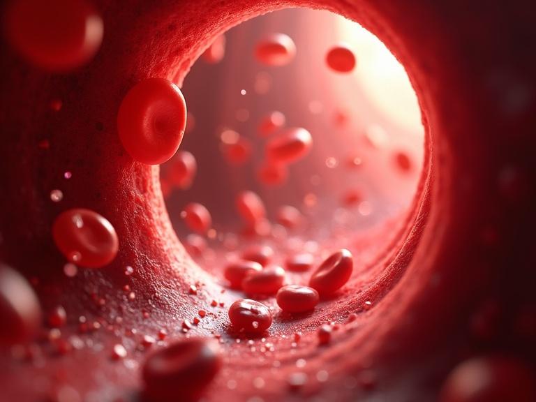 Highly detailed 3D medical illustration showing inside of human artery. Perspective tunnel view displaying red blood cells gently flowing. White blood cells and platelets are clearly visible. Microscopic floating particles in plasma. Soft depth of field enhances the effect. Photorealistic lighting and realistic textures create a dynamic atmosphere. Warm red tones emphasize the biological scene with cinematic focus.