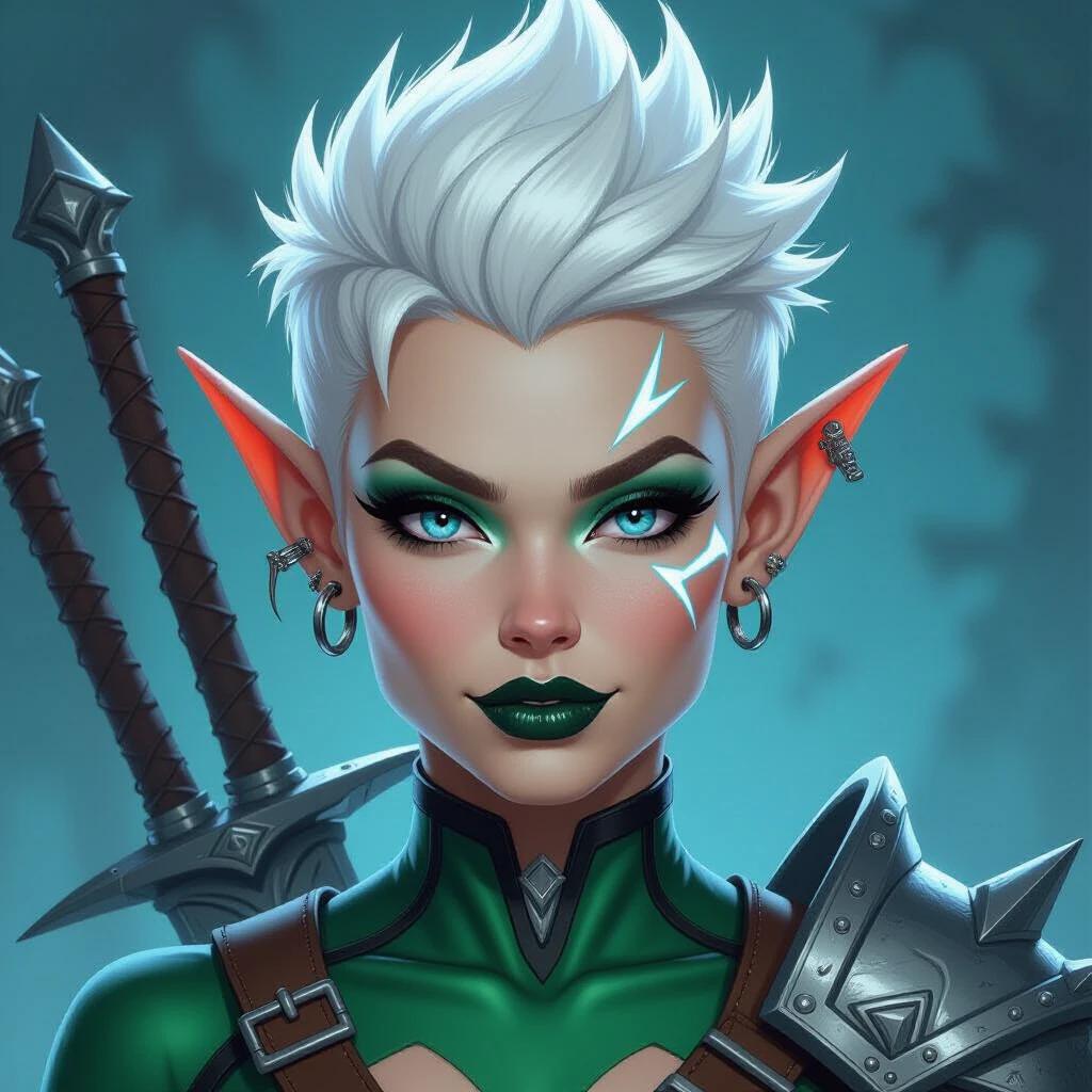 Female elf warrior character illustration. Dramatic low-angle medium close-up shot. Prominent oversized ice-blue eyes with dramatic highlights. Sharp triangular nose with a smirk. Spiked white pixie haircut with exaggerated features. Long razor-pointed ears adorned with silver hoop piercings. Skin-tight emerald bodysuit with striking patterns. Floating hair in motion with speed lines. Bright color scheme. Thick outlines and unique shading style. Background with diagonal stripes.