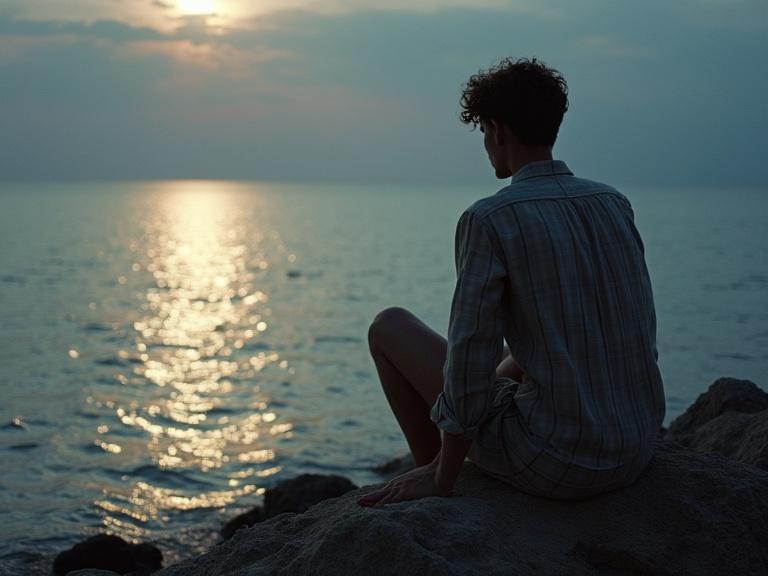 A person sits on a rocky shore gazing at the sea during sunset. The sky is filled with soft colors. The water sparkles as the sun sets on the horizon. The mood is contemplative and serene.