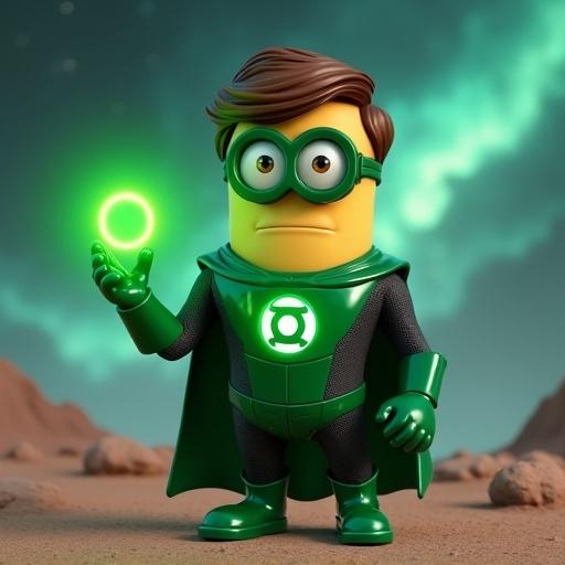Brave minion wears Green Lantern suit and glows green ring. Standing on alien planet. Cosmic background. 3D cartoon render. Pixar-like style.