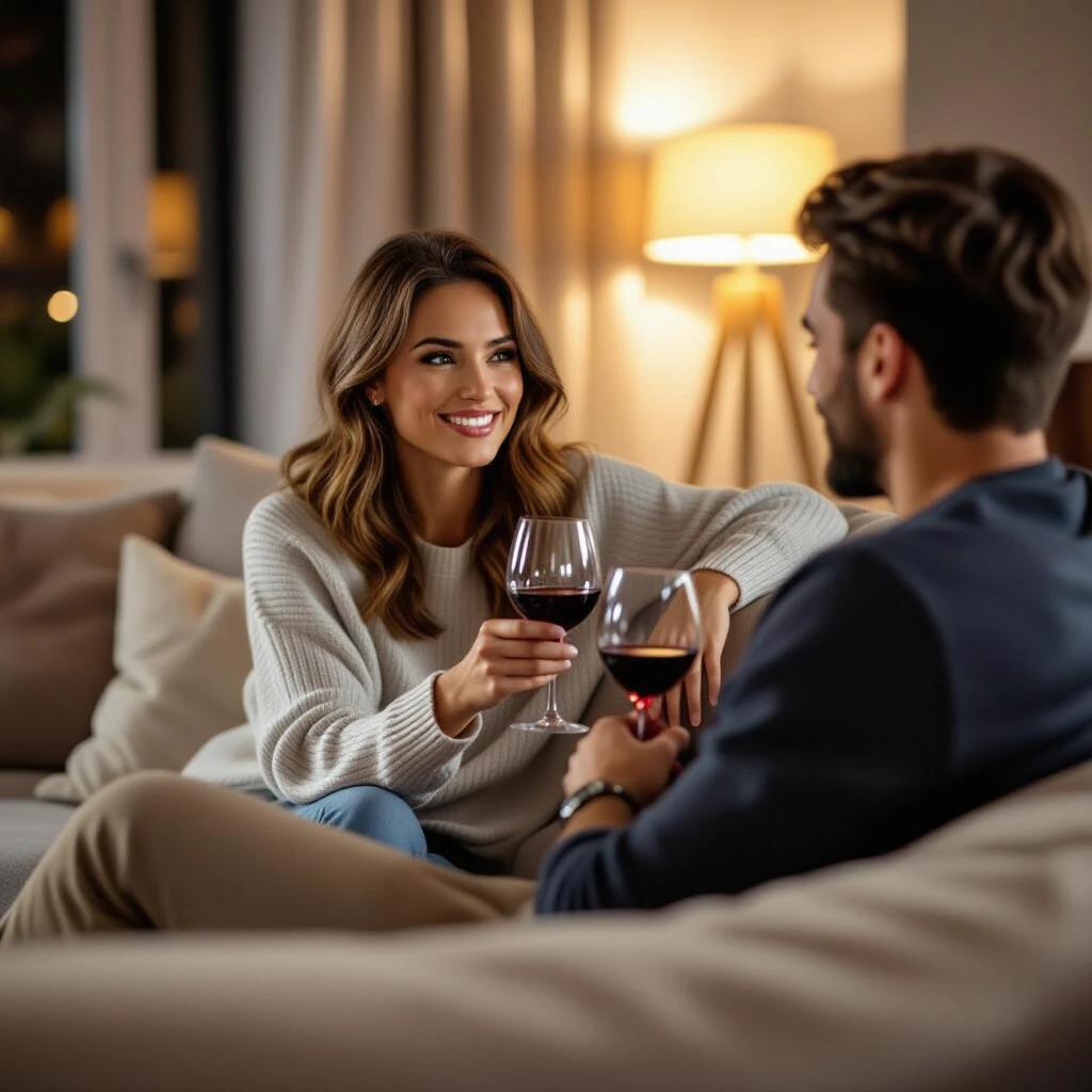 A casually dressed woman sits comfortably on a sofa indoors with her boyfriend. They both hold wine glasses. The woman has a relaxed expression. The setting is a cozy living room with soft lighting. The focus is on the couple having an intimate moment.