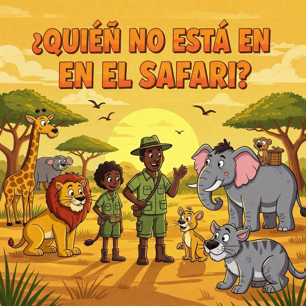 A colorful cartoon puzzle titled in Spanish: '¿QUIÉN NO ESTÁ EN EL SAFARI?'. Scene shows a vibrant African savanna at sunset with wild animals like giraffes, lions, and elephants. A confused safari guide is in the center. Two characters, A and B, are among the animals; one is a disguised fake animal. Uses warm tones and fun 3D title letters.