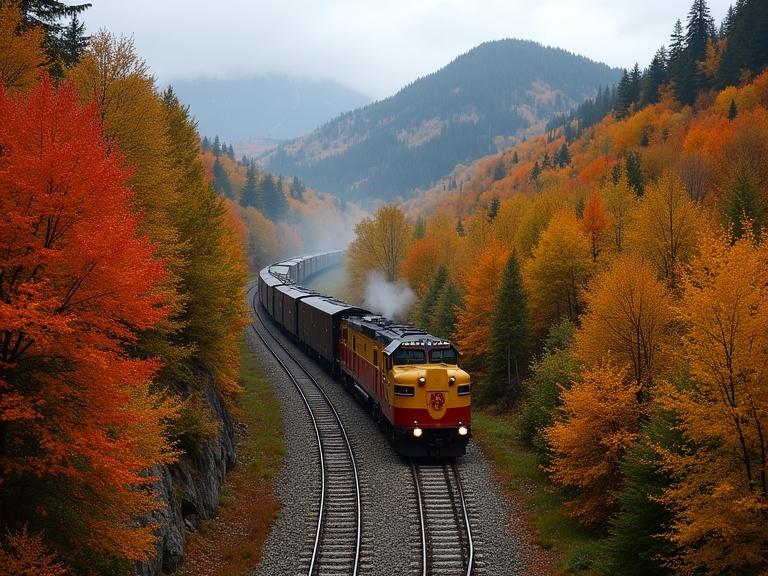 photograph of a train curving through a mountainous forest during autumn vibrant fall colors orange red yellow and green leaves overcast sky mountain in the background train in the foreground yellow and red locomotive black carriages train tracks curving to the right dense forest on both sides misty atmosphere cloudy sky mountains in the distance high angle view nature scenery autumn foliage train traveling through the forest dynamic composition warm colors scenic view serene peaceful scenic railway fall landscape outdoor photography landscape photography vibrant autumn natural beauty train journey rural setting mountainous terrain