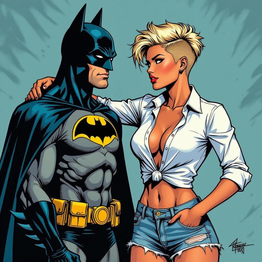 A confident young woman stands next to Batman. She has short, tousled blonde hair with a punk style. She wears a white shirt that is knotted and denim shorts. Batman stands with a serious expression. The background features a motorcycle. The image combines comic strip style with realistic colors. Bright and dynamic composition is used throughout.