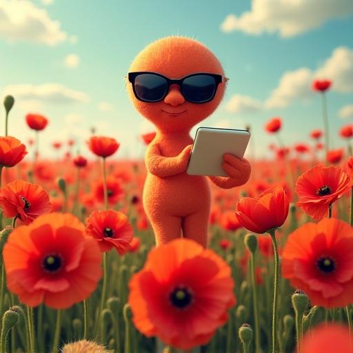 A vibrant field of poppies with one tall bright poppy wearing sunglasses and holding a smartphone. Surrounding smaller poppies show envious expressions. Some poppies hold social media icons like thumbs down and angry emojis. The scene is playful, highlighting jealousy in social media.