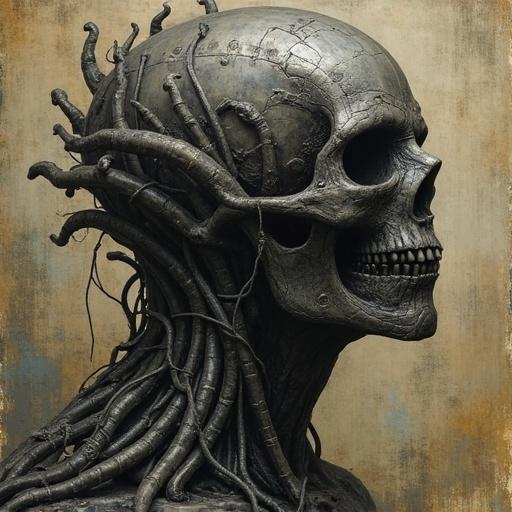 Intricate representation of a skull with branches or wires. Detailed textures. Doom and gloom atmosphere.