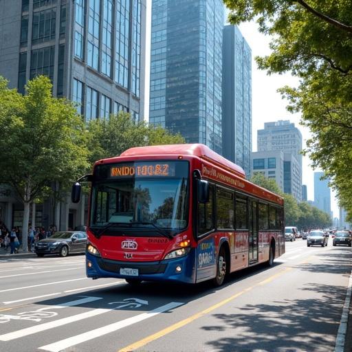 A red and blue intercity bus travels on a busy city street with text and patterns on its body. A glass curtain wall high-rise building stands in front. Pedestrians hurry by beside roadside trees. Cars are parked on both sides, and white traffic markings are clearly visible. Sunlight reflects on the bus's metal surface. Realistic style showcases urban transportation.