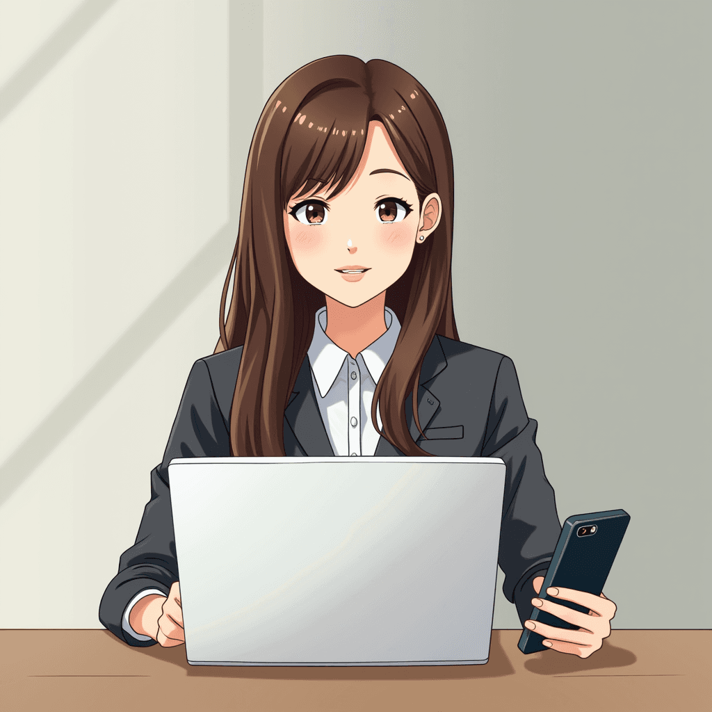 An anime-style character sits confidently at a desk with a laptop, smartphone in hand, exuding modern professionalism.