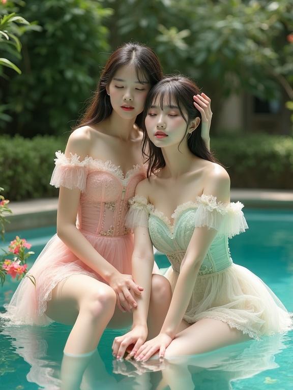 Full body shot of two young Chinese ladies in pastel-colored frilly outfits. Sitting cross-legged in a well-lit pool. Picking up a fallen flower. Outfit includes a corset top with delicate lace. Shades of pink, cream, mint green. Showcasing sweetheart neckline, off-the-shoulder design. Hair tied. Beautiful legs shown. Foot in high heels. Soft natural light highlights details. Lush greenery surrounds the setting.