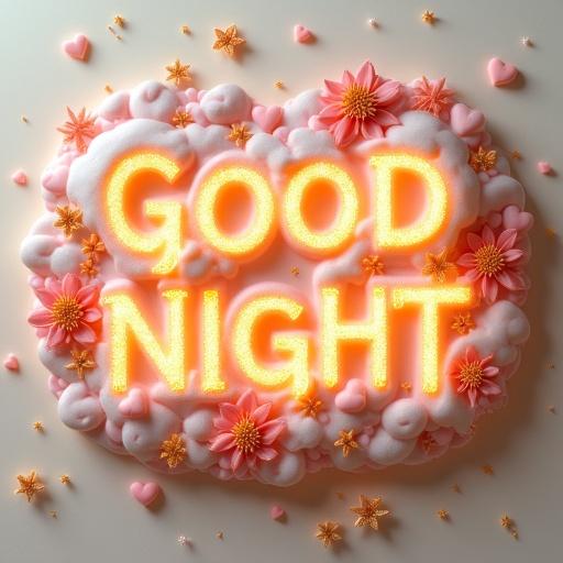 3D rendering of the words GOOD NIGHT displayed with ethereal glow. Luminous clouds with pink, gold, and orange flowers and stars create frosted texture. Hearts and circular lace surrounding against ivory background. Warm light showcasing beauty. Handwritten by Muny Vathana above NIGHT.