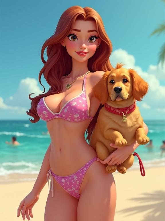 Young woman wearing pink bikini with floral patterns. She holds a golden dog. Scene is set on a tropical beach with clear blue water and palm trees.