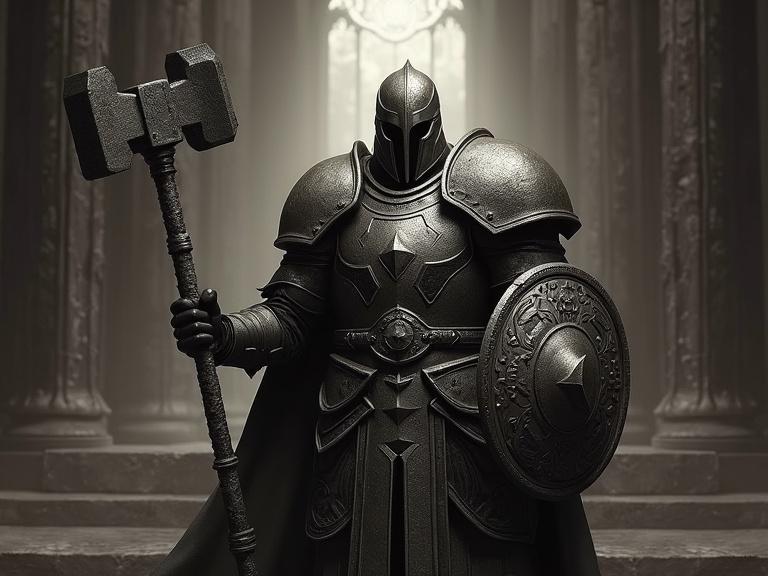A hyperrealistic portrait featuring a cleric in heavy armor. The cleric stands in a sacred temple holding a mighty hammer and a shield. The image showcases intricate details in the armor and weapons.