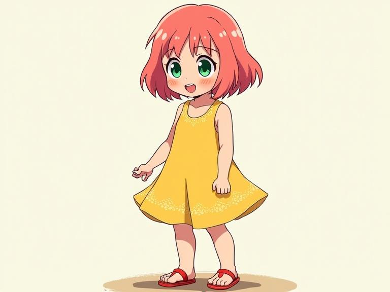 Cheerful anime girl in a yellow sundress standing with arms up. Character has bright green eyes and rosy cheeks. Short pink hair flowing softly. Depicted in a childlike style with clean lines and saturated colors.