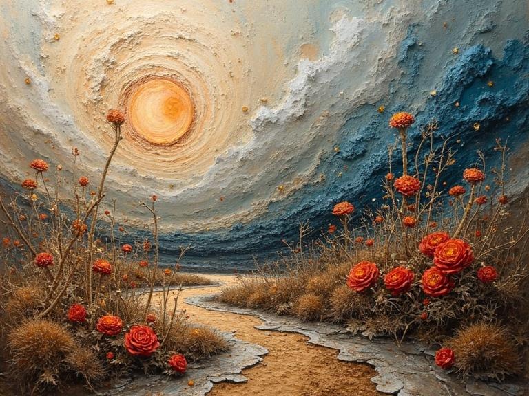 An abstract oil painting with 3D multi-layered texture. Features a luminous sun surrounded by swirling clouds. The foreground includes a winding path with roses and textured elements. Utilizes mixed media such as jute fibers, glittering confetti, and more. Presents a magical and beautiful scenery.