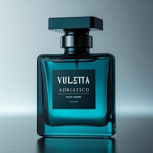 Design of a futuristic perfume bottle in turquoise color High-end aesthetic Subtle soft gray background Dark blue label with VULETTA in metallic silver Bespoke engraved-style font ADARITCO in white silver font below Pour Homme placed underneath Faint metallic silver PARFUM near the bottom Close-up shot with light leaks and shallow depth of field