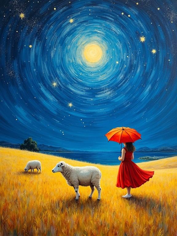 A girl in a vibrant red dress holds an umbrella. She stands beside serene sheep in a surreal landscape. A swirling blue night sky filled with bright stars dominates the background. Golden-yellow grassland stretches below, full of movement. The girl's dress contrasts with the cool tones around her. The sheep graze nearby, with their wool catching starlight. Oil painting with high resolution and sharp contrast.