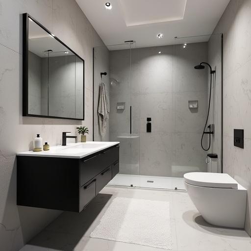Contemporary rectangular bathroom with black sink and shower. White toilet. White walls and black-framed glass shower.