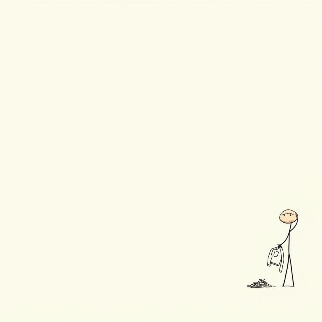 A stickman figure is standing and putting on clothes. The background is plain with no distractions. The stickman has a neutral expression and holds a piece of clothing.