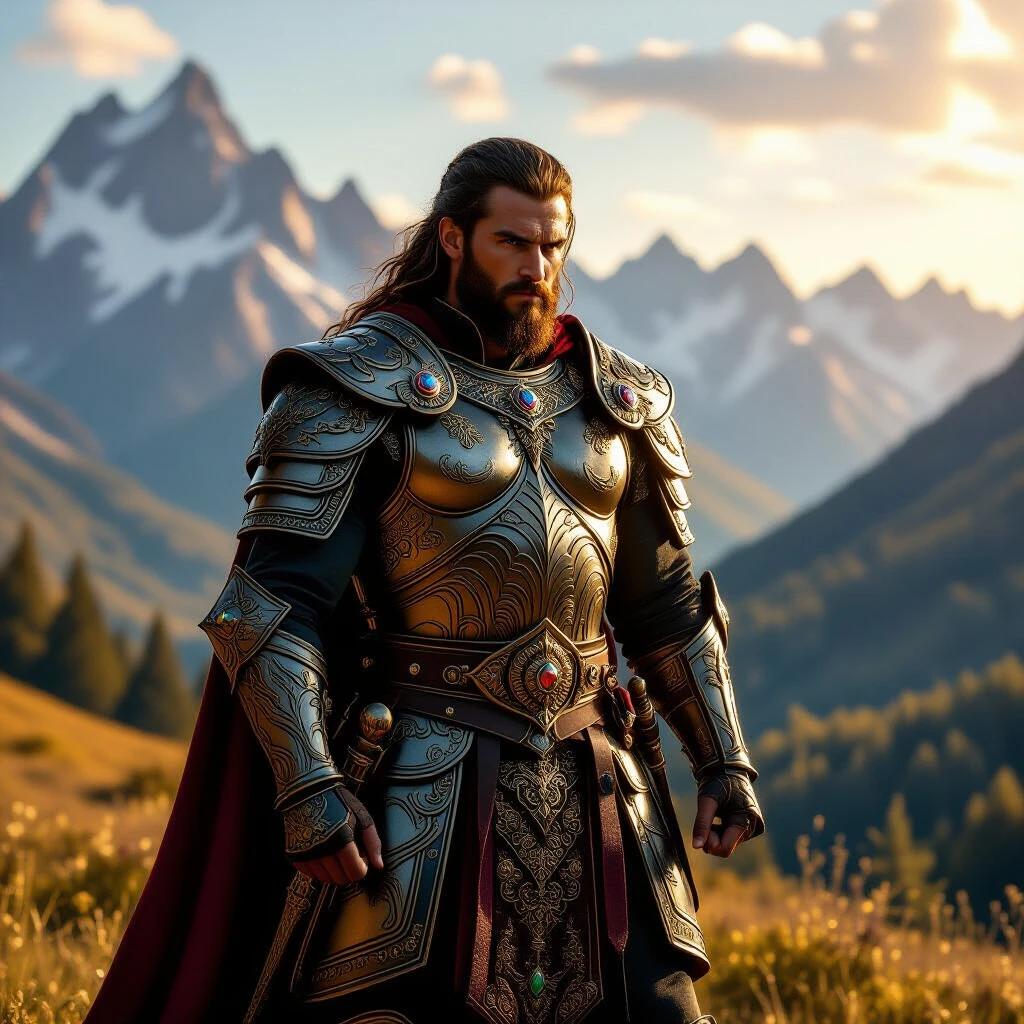 A high-resolution scene features a warrior in ornate armor inspired by Tolkien's style. The armor is detailed with engravings and gemstones. The warrior stands in a beautiful landscape with mountains and forests, illuminated by warm sunlight. The scene displays vibrant colors with a cinematic feel. Overlays enhance the epic atmosphere.