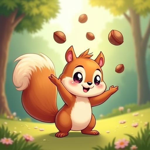 A cheerful kawaii-style squirrel is juggling three hazelnuts in a sunny forest clearing. The ground is dotted with flowers. Birds are fluttering overhead. The squirrel has focused eyes and a slightly out tongue. Its tail is curled high.