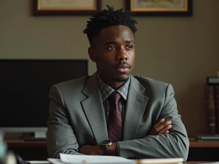 Young 17 year old black male in a church office. Seated at a desk with arms crossed. Documents visible. Conversation with a pastor. Professional attire. Serious expression. Reflective atmosphere.