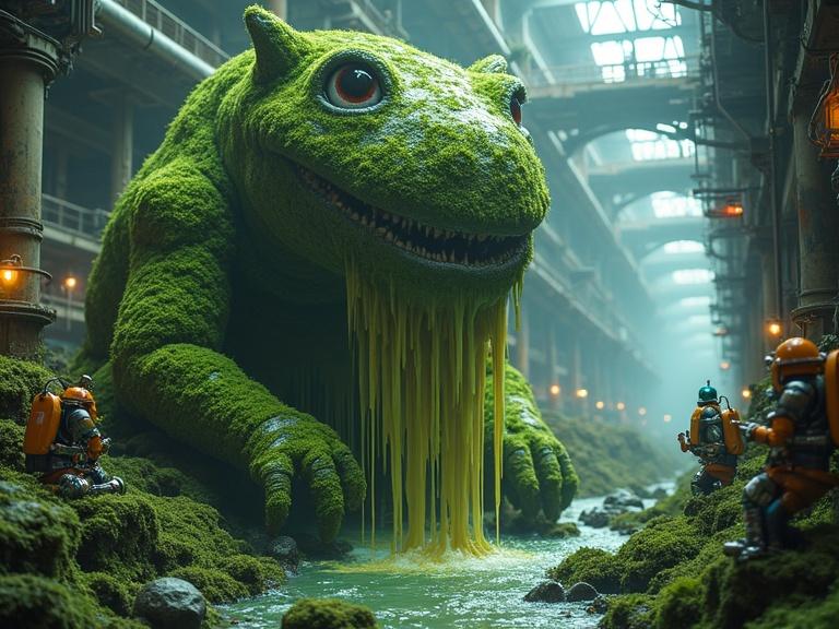 A large moss-covered creature with chrome muscles in an industrial setting. Unfinished androids are leaking fluid nearby. Crane arms are in the background manipulating glowing tubes.