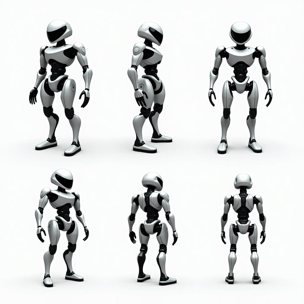 Futuristic robot display with multiple views. Includes front, back, top, bottom, and side perspectives. Centered and illuminated for clarity. Features silver and black coloring.