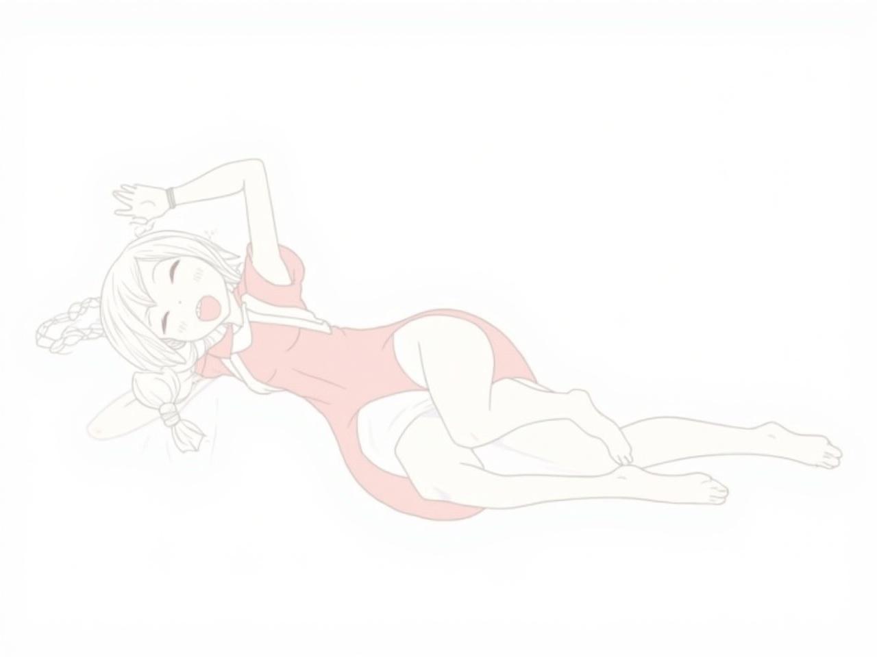 Clean outlines on a white background depict an anime girl lying on the ground. She has pointed ears and long hair styled in a braid. The character wears a fitted red and white outfit that highlights her figure. Her expression shows surprise, with her mouth open and arms raised. The background is simple, emphasizing the character's pose and attire.