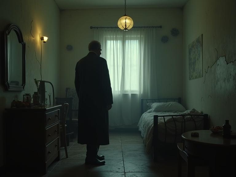 A detective named Iyad stands in an old childhood bedroom. The room is narrow with scattered toys and a small bed. A dim yellow light comes from a broken ceiling lamp. The walls are pale with visible cracks. Iyad's features show hesitation as he touches the wall crack.
