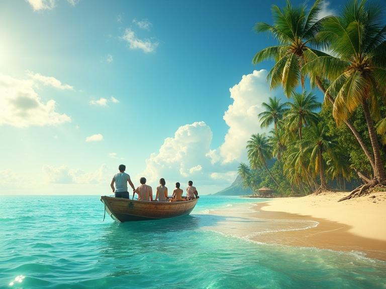 A hyperrealistic tropical paradise scene with a wooden boat approaching a golden sandy beach. Adults visible on the boat looking toward shore. Calm turquoise sea gently ripples. Tall palm trees sway under bright blue sky with scattered clouds. Warm sunlight bathes the scene creating a magical peaceful atmosphere. Cinematic lighting highlights anticipation arrival.