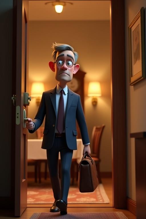 A cartoon scene in a Pixar-style 3D animated universe. A middle-aged man with expressive features and a navy suit enters his home. He carries a briefcase and looks exhausted yet relieved. The hallway is warm and cozy with golden lights, family photos, and a ticking clock. A bowl of food waits dangerously on the dining table. The lighting creates a dramatic atmosphere.