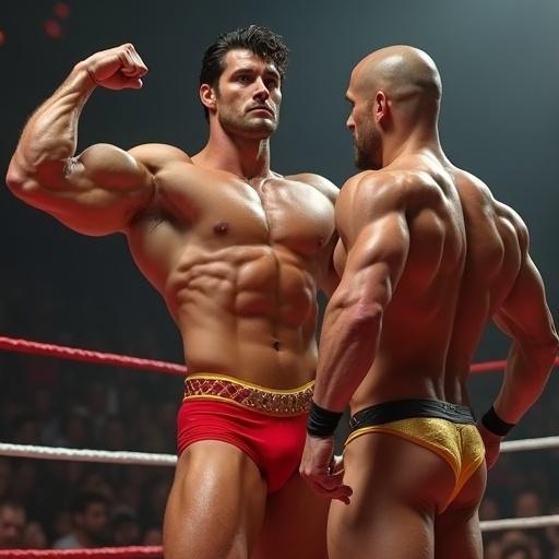 Muscular superman in a powerful pose wearing a red thong and yellow belt in a wrestling ring flexing before his nemesis who is in a shiny gold brief and black belt