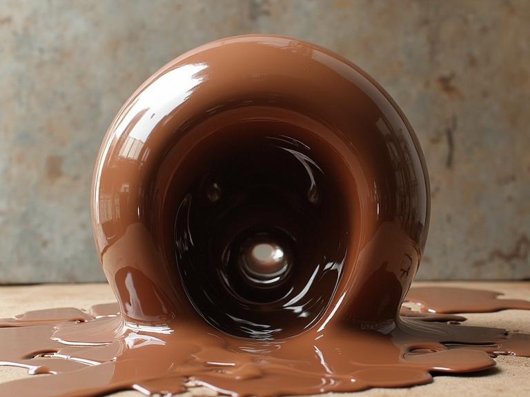 Overturned cup revealing spilled chocolate. Surreal and minimalist style. Focus on texture and color.
