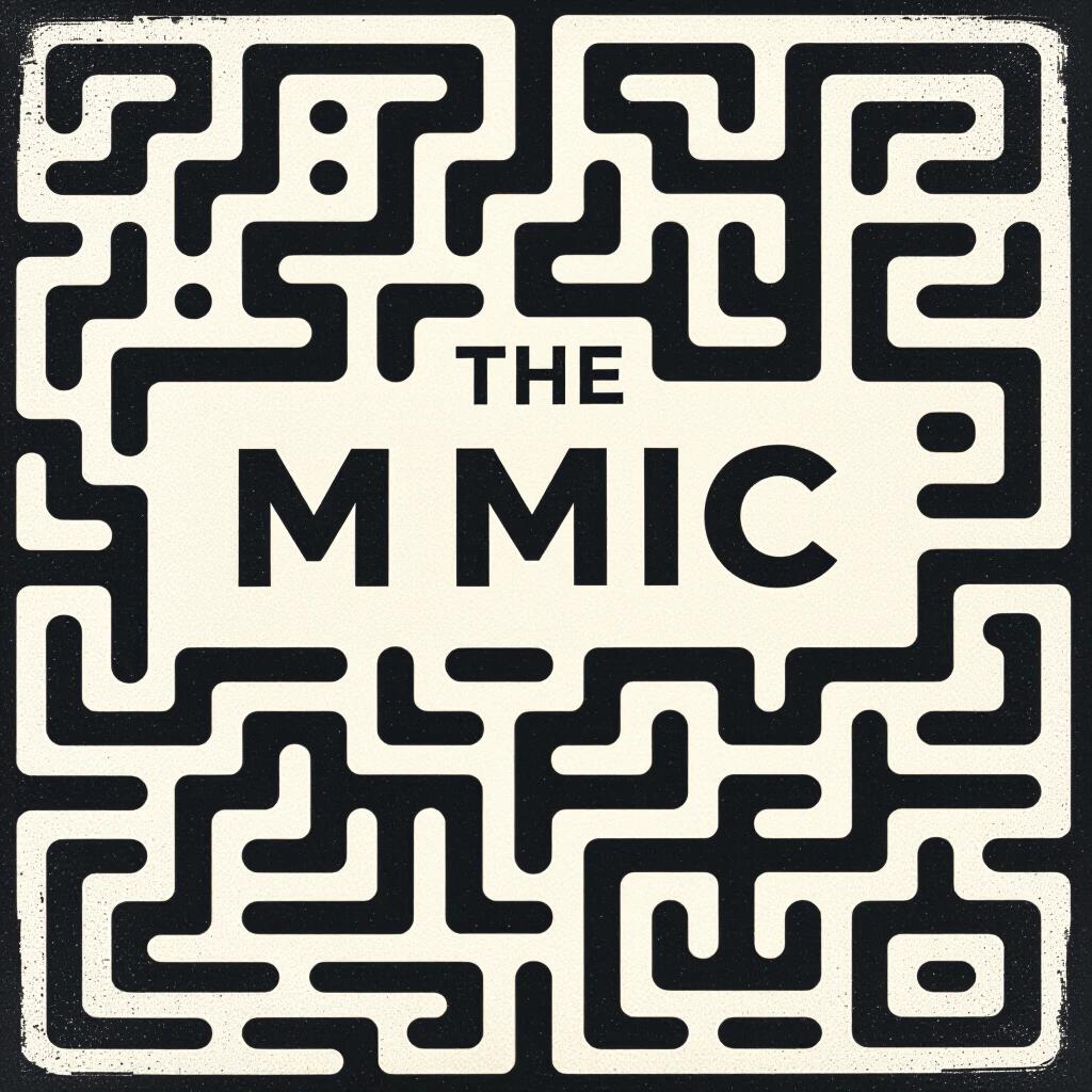 A maze filled with intricate paths includes bold text. Text says THE M MIC. Design focuses on contrast with a modern black and white theme.