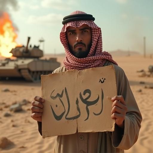 Image shows Arab young man in traditional Jilbab and Palestinian scarf holding sign. Sign displays Arabic text. Background features destroyed war tanks and flames. Scene set in a desert environment.