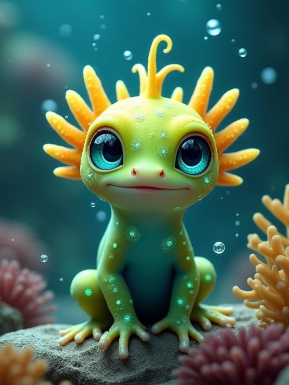 Imaginary marine creature with coral-like fronds and large eyes. Light teal underwater environment with coral reefs. Creature looks curious and friendly.