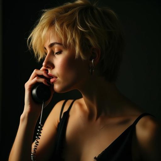 Moody portrait photograph of a person with short blonde hair holding a black telephone. Subject wears a black spaghetti strap top. Dramatic lighting creates strong shadows and highlights on the face. Hair is styled in a windswept layered cut with golden tones. Background is dark. Vintage film quality with warm undertones and slight vignette. Composition focuses on profile view.