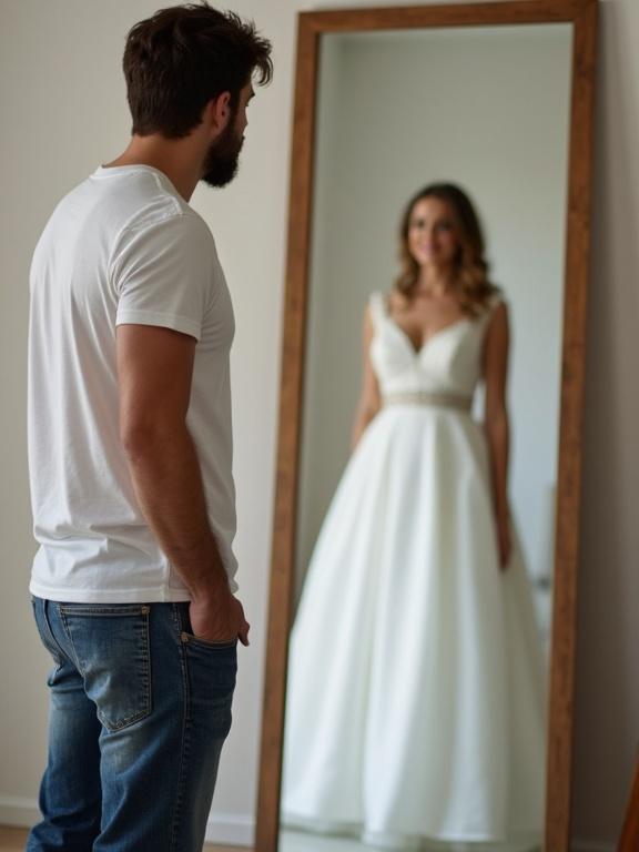 A man wearing jeans and a t-shirt looks into a mirror. He sees a woman dressed in a bridal gown reflected in the mirror. The setting is casual and intimate. Soft lighting enhances the scene.
