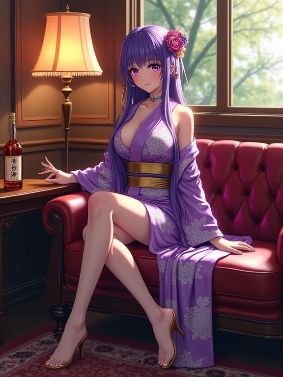 Anime girl in kimono sitting on vintage sofa. She has violet hair and eyes. Room has warm lighting and retro decor. A bottle is on the table beside her. Cozy atmosphere with a window view of trees. Calm and graceful posture implied.