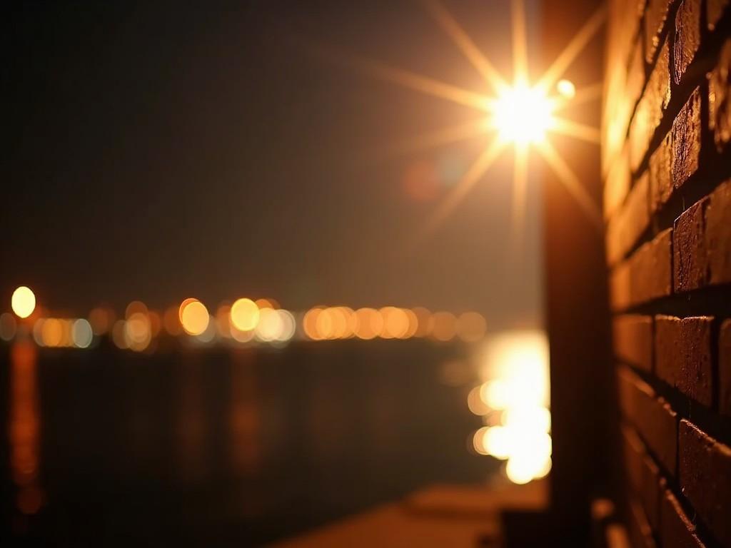 A nighttime photograph showcasing a textured wall illuminated by a star-like light. The focus is on the warm glow of the light, which creates a starburst effect, adding depth and interest. In the background, blurred city lights twinkle like stars in the distance, creating a dreamy ambiance. The reflection on the water adds an element of tranquility. This composition presents a blend of urban aesthetics and natural beauty, ideal for artistic exploration.